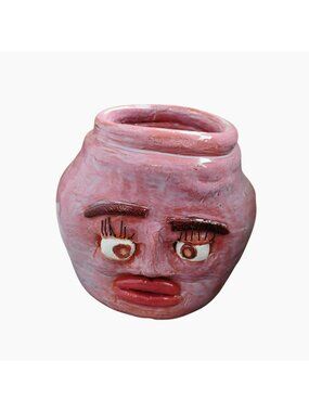 Whimsical Ceramic Ugly Face Jug Handmade Carolina Pottery Pink Planter Pot Vase